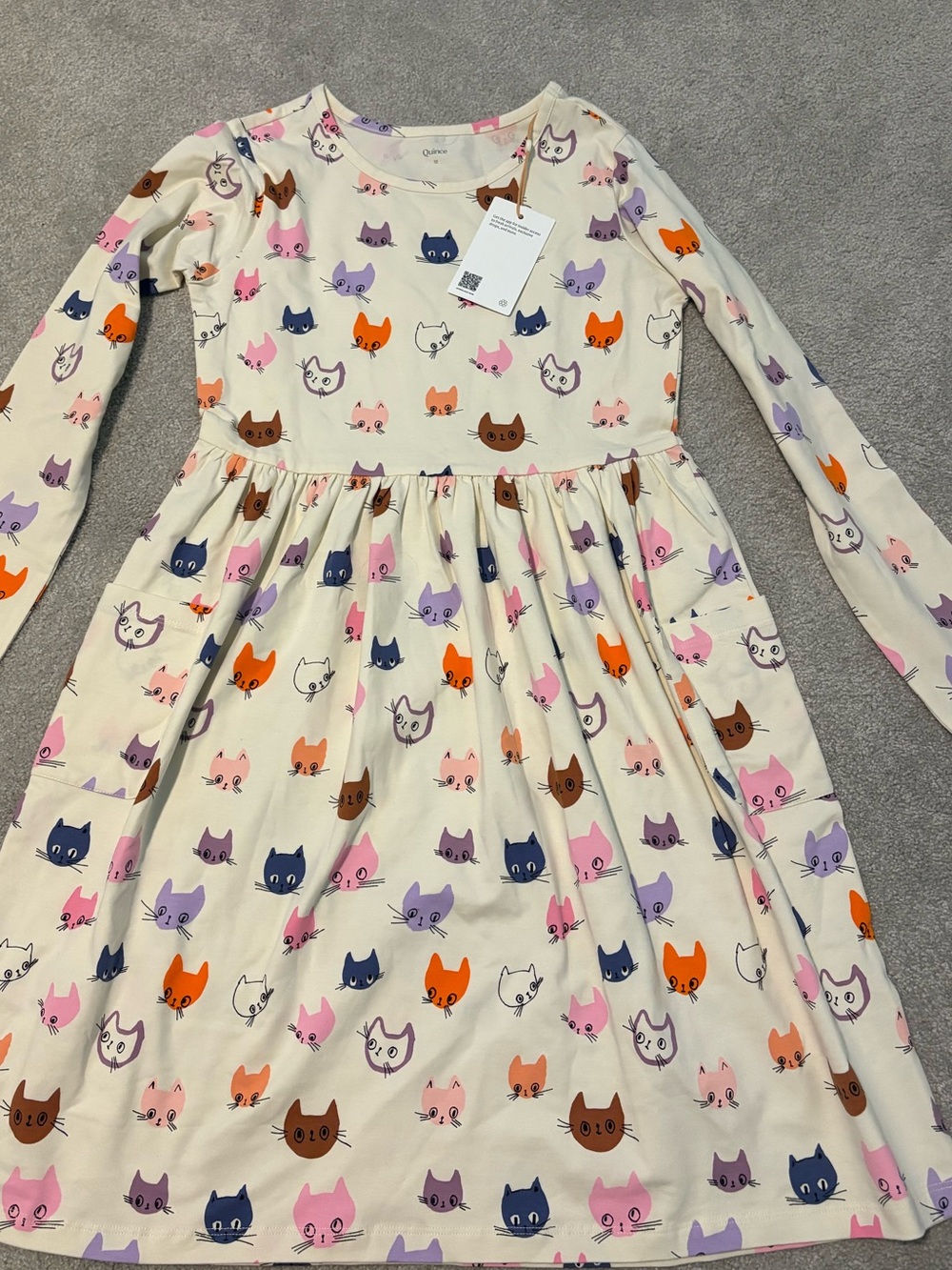 Quince Cream Long Sleeve Dress with Colorful Cat Faces